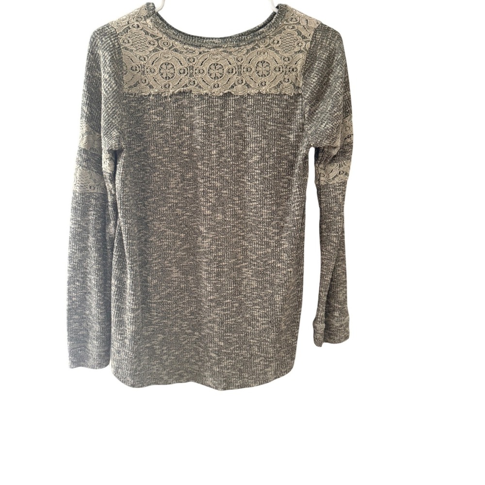 Womens Heather Grey Waffle Knit Lace Accent Long Sleeve High Low Top Boho S/M